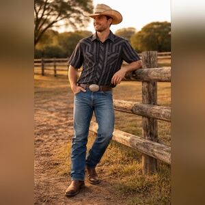 Wrangler Western Short Sleeve Button Up Shirt XL Black Gray Stripe Metallic